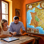 **

A cozy, family-run travel agency in Kraków. Sunlight streams through the window, illuminating maps of Italy and Spain. A friendly travel agent is helping a young couple plan their honeymoon in Tuscany, pointing out local culinary specialties and hidden vineyards on a tablet. Warm, inviting atmosphere with Polish folk art accents.

**
